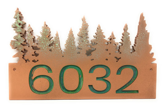 Modern House Numbers. Pine Trees. Copper Patina Verdigris